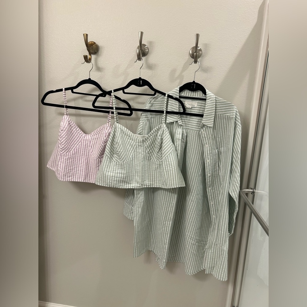 TWO Anthropologie Striped Camisoles with a Matching Green Stripped Shirt